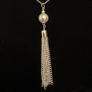 Silver Tassel Necklace & Earrings Set With Pearl Accent